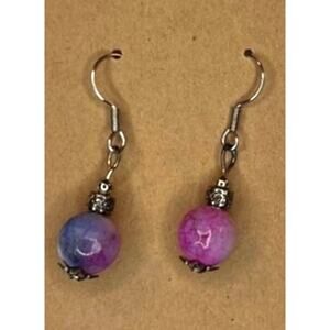Handmade Galaxy Sphere Drop Earrings Purple Pink Silver Tone Hardware